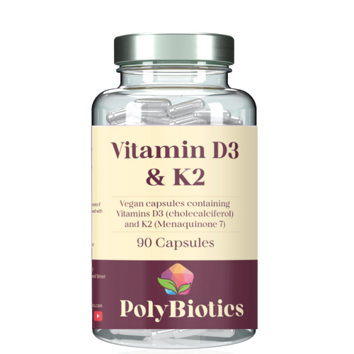 PolyBiotics Vitamin D3 & K2 supplement bottle on a white background